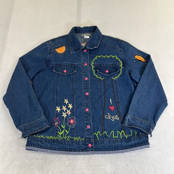 I Love Jesus Denim Jacket Women's X-Large Embroidered Sequin Flower Rainbow - Picture 1 of 16